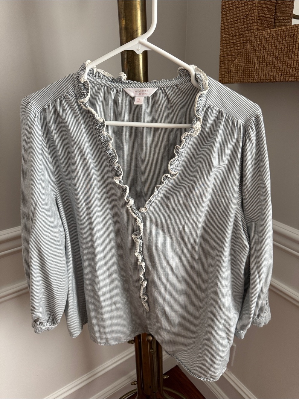 LC Lauren Conrad Gray Pinstripe Ruffle V-Neck Blouse
